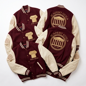Chaqueta Letterman al por mayor, abrigo universitario de lana color carbón, bordado de la Unión de Papeteros, mangas de cuero crema, estilo bomber - Product Image 5