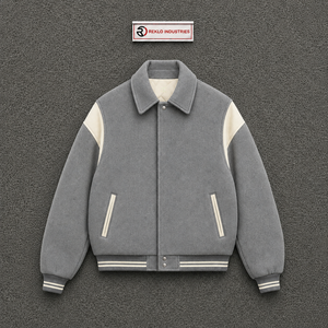 Blouson universitaire gris et crème zippé sur le devant pour homme – Tissu doux de haute qualité, style streetwear, mode, personnalisable, en promotion - Product Image 5