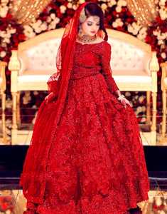 <b>Red</b> Embroidered Lace Ball Gown Wedding Dress Long Sleeve Sweetheart Neckline Floor Length Plus Size Hand Embroidery Beading - Product Image 4