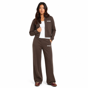 Chocolate Brown Womens Tracksuit Cropped Zip Jacket Flared <b>Wide</b> <b>Leg</b> <b>Pants</b> Custom Logo Casual <b>Lounge</b> Set Wholesale Supplier - Product Image 1