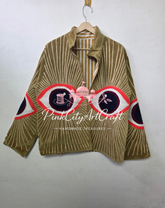 Chaqueta de Mujer de Terciopelo Verde Oliva Hecha a Mano con Parches de Ojo Turco y Bordado Dorado Estriado, Transpirable y Ecológica Acolchada - Product Image 6