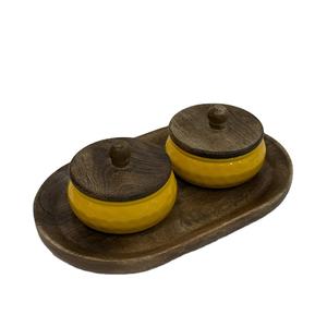 Decorative Enamel Classic Design <b>Iron</b> Bowls with Wooden Lids and Serving Tray, Yellow, Set of 2, 250ml - Product Image 1