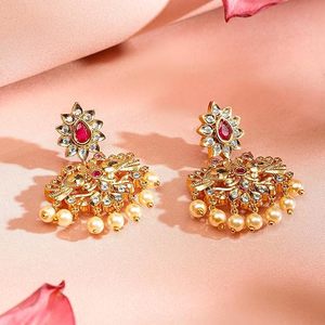 Ensemble collier, boucles d'oreilles et parure de tête plaqué or avec perles d'imitation, motif floral, bijoux de mariage classiques pour femmes - Product Image 4