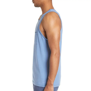 Camiseta sin mangas de algodón azul claro para hombre, cuello redondo, informal, de color liso, tejida con bolsillo, venta al por mayor 2026 - Product Image 5