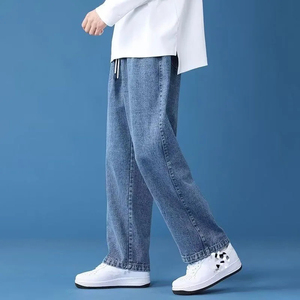 Men's Light Blue Washed Denim Wide Leg <b>Pants</b> Elastic Waist Drawstring Casual Style Cotton Material Breathable <b>Summer</b> Fashion - Product Image 3