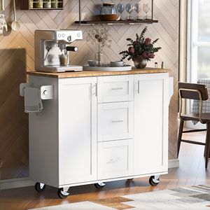 Îlot de cuisine roulant avec rangement, 3 tiroirs, 2 étagères coulissantes, étagère de rangement interne, chariot de cuisine avec plateau en bois de caoutchouc - Product Image 2