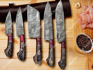 Juego de Cuchillos de Chef Profesionales Hechos a Mano con Acero de Damasco y Patrón Trenzado, Mango de Madera Pakka, OEM ODM Personalizable, MOQs Bajos - Product Image 4