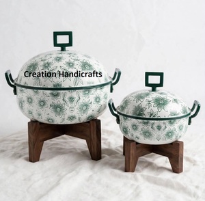 Luxury <b>Green</b> White Floral Hot Pot With Wooden Stand Enamel Casserole <b>Green</b> Handle Ramadan Gift - Product Image 2