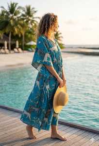 Vestido Kaftán de Algodón Hecho a Mano con Estampado Floral, Ligero, Estilo Boho, para la Playa - Product Image 6