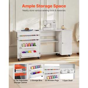 Compact Multipurpose White Sewing Machine <b>Table</b> Cabinet Home Office Desk <b>Folding</b> Design <b>Wooden</b> Pegs Storage Trays Magnetic Door - Product Image 2