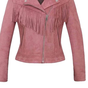 Premium Dusty Rose <b>Suede</b> Women Fringe <b>Leather</b> <b>Jacket</b> Chest Fringe Slim Fit Biker Style Notch Collar Customization Available - Product Image 2