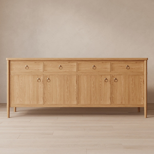 Buffet en bois avec quatre tiroirs et quatre portes, finition brun foncé, poignées à anneau, meuble de rangement moderne - Product Image 4