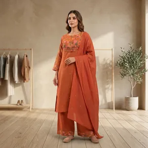 Impresionante Conjunto Largo de Dos Piezas para Mujer, Casual, de Gasa, Transpirable, de Algodón, con Manga Tres Cuartos, Bordado, Top de Verano - Product Image 4