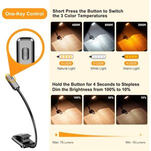 Luce da Lettura Ricaricabile a 9 LED con 3 Temperature di Colore e Regolazione della Luminosità per Leggere a Letto - Product Image 2