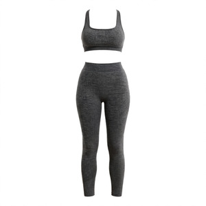 Women's Custom Color Ribbed Yoga Set Square Neck Racerback Sports Bra High Waist Full Length <b>Leggings</b> <b>Seamless</b> Breathable - Product Image 1