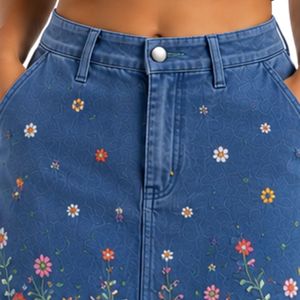 Customized Denim Blue Women Embroidered Crop Top and Skirt <b>Set</b> Floral Summer Two Piece Outfit Custom Logo OEM Wholesale Apparel - Product Image 5