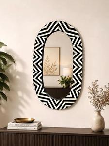 Miroir décoratif rond traditionnel fait main avec incrustations en os, sans électricité, avec motif floral noir et blanc, encadré, art mural - Product Image 6