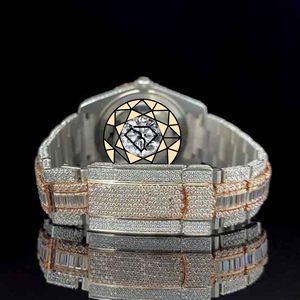 Fully Iced Out Diamond <b>Watch</b> Rose Gold Plated Round Analog Quartz White Gold <b>Case</b> Sapphire Crystal Deployment Clasp - Product Image 2