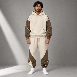 Custom Heavyweight Cotton Hoodie Jogger Set Men Oversized Contrast Panel Kangaroo Pocket Relaxed Streetwear <b>Outfit</b> Style - Product Image 4