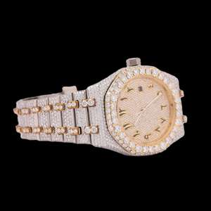Montre-bracelet en quartz diamantée, cadran à chiffres arabes dorés, lunette sertie de pierres précieuses, bracelet en acier inoxydable, affichage de la date, 46 mm, luxe - Product Image 3