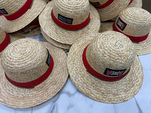 Vietnam Natural Straw Boater Panama Hat with <b>Red</b> <b>Ribbon</b> and Character Patch Unisex Adult Beach Sun Hat 56-58CM - Product Image 1