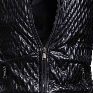 Blouson moto en cuir PU noir pour homme, col montant, fermeture éclair, design matelassé, coupe ajustée, coupe-vent, pour l'automne - Product Image 6