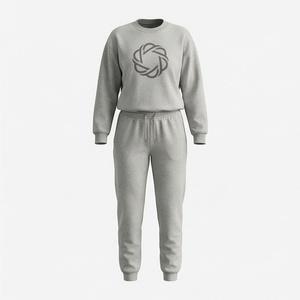 Women's Gray 2 Piece Sweatshirt and Jogger <b>Set</b> Crew Neck Full Sleeve Solid Color Casual Wear <b>Knitted</b> Cotton Print Design - Product Image 1