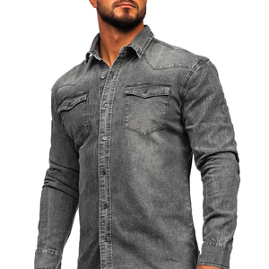 Chemise en jean gris pour homme de qualité supérieure, manches longues, col rabattu, boutonnée, poches poitrine, coupe classique, 2026 - Product Image 1