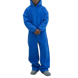 Men's Blue Hooded Sweatshirt <b>Set</b> Solid Color Casual Fleece Two-Piece Tracksuit Autumn Wear 100% Cotton French Terry - Product Image 1