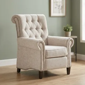 Fauteuil à bascule de luxe moderne en tissu tufté beige avec accoudoirs roulés, garniture cloutée et dossier haut pour salon, chambre ou bureau - Product Image 6