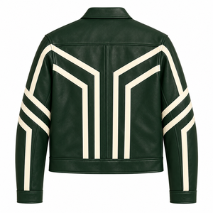 Chaqueta Bomber de Cuero Genuino Verde para Hombre, Diseño Geométrico con Bloques de Color, Cuello Camisero, Cierre de Cremallera, Estilo Urbano Ecológico - Product Image 2
