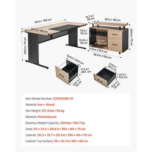 Bureau de direction moderne en forme de L réversible, robuste, grand bureau de bureau en bois, tiroirs, armoire de rangement, capacité de charge de 350 lb - Product Image 3