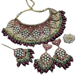 Indian Wedding Faux Pearl Mirror Choker Necklace Set for Girls & Women meena necklace