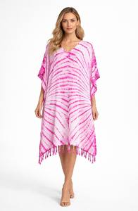 Caftán Largo de Viscosa con Estampado Tie-Dye, Estilo Bohemio, Ecológico, Cuello en V, Transpirable, Asimétrico, Fabricado por el Fabricante - Product Image 4