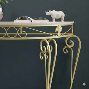 โต๊ะคอนโซลลายสลักสีทองสุดหรู – โต๊ะทางเข้าสไตล์วินเทจทำจากโลหะพร้อมท็อปหินอ่อนสีขาว - Product Image 2