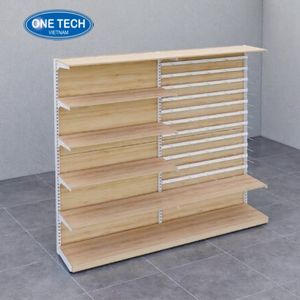 Présentoirs en bois avec crochets intégrés One Tech Wood, personnalisables, pour vêtements, avec dos fixe et étagère solide - Product Image 2