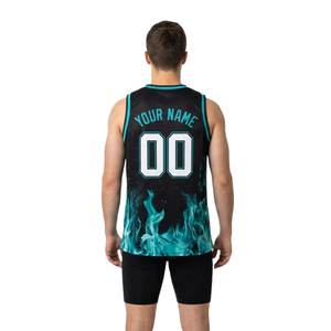 Conjunto de Camiseta y Pantalones Cortos de Baloncesto con Estampado de Llamas para Hombre, Cuello en V, Sin Mangas, Uniforme de Equipo, Parte Inferior Ajustada, Números de Jugador 100% - Product Image 2