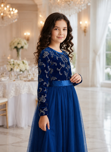 Blue Summer Children <b>Girls</b> Formal Long Sleeve Floral Embroidered Tulle <b>Maxi</b> <b>Dress</b> for Banquet Party Festival - Product Image 4