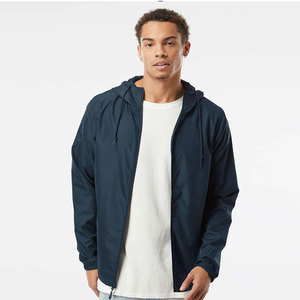 Veste coupe-vent à capuche pour homme, marine, décontractée, respirante, en polyester, vêtement d'extérieur pour le printemps, couleur unie, fermeture éclair sur le devant - Product Image 1