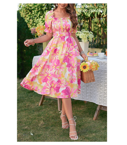 Robe d'été pour femme, imprimé floral uni, longueur genou, en polycoton, fluide, légère, écologique, confortable, décontractée, pour sorties et fêtes - Product Image 1