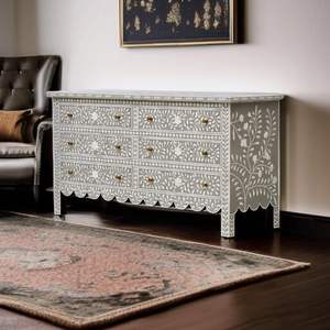 Elegante Gabinete de Almacenamiento con Cajones Laterales y Incrustaciones de Hueso, Mueble de Madera Hecho a Mano con Elegante Trabajo Artesanal para Dormitorio - Product Image 4