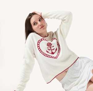 Pull d'hiver chaud en acrylique pour femme, décontracté, avec empiècements de couleur, col et ourlet à surpiqûres contrastées, blanc - Product Image 1