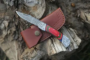 Cuchillo Plegable Recto de Acero de Damasco Hecho a Mano DIY con Bloqueo Trasero, Mango de Madera Pakka Multicolor, Personalizable OBM OEM para Camping - Product Image 4