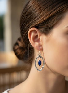 Boucles d'oreilles pendantes faites à la main en argent sterling 925 avec lapis-lazuli naturel, cadre perlé marquise style bohème, cadeau bijoux pour femme et petite amie - Product Image 2