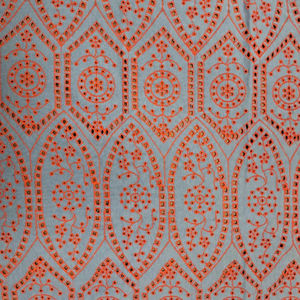 Tela de Punto Elástica de Primera Calidad, Color Azul, con Bordado y Recortes Rojos, Diseño Geométrico de Arco y Medallón, para Vestidos - Product Image 3