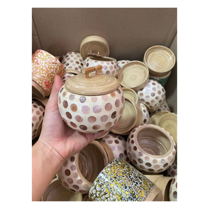 Mother of Pearl Bamboo <b>Jar</b> with Handmade Shell Mosaic Pattern for Storage Container and Interior Decor - Product Image 3