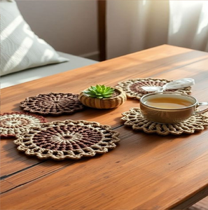 Round two-tone crocheted rattan <b>coasters</b> <b>set</b> with matching storage holder, available at wholesale prices. - Product Image 2