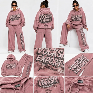 Vocksin Exports Womens <b>Pink</b> Acid Wash Oversized <b>Hoodie</b> Tracksuit Wide Leg Sweat Set Graphic Streetwear Lounge Wear Outfit - Product Image 3