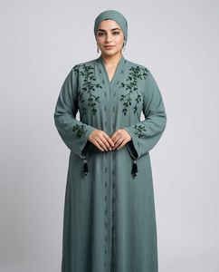 Elegant Green Embroidered Abaya With Beads Floral Pattern <b>Long</b> Sleeve Modest <b>Dress</b> <b>For</b> Muslim Women Abaya Dubai Mewah - Product Image 1