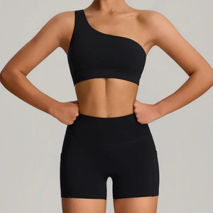 Women's Casual Seamless 2-Piece Yoga Set Black <b>High</b> Waist Shorts Strapless Crop Top Asymmetric Design Polyester/Cotton Summer - Product Image 2